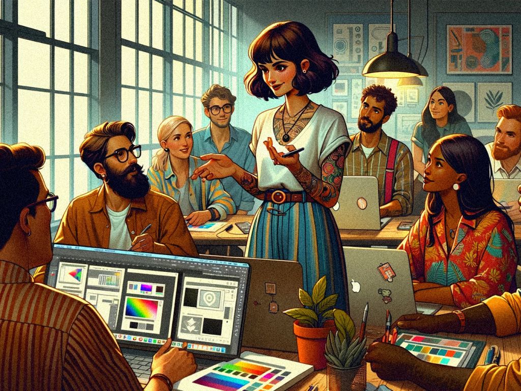 Illustration of woman standing before a group of creatives, running a workshop