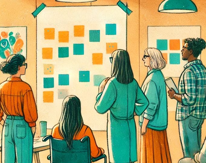 DALL·E 2024-09-13 15.33.51 - A mid-century modern watercolor style illustration depicting the Agile framework in progress. The scene shows a diverse group of creative professional