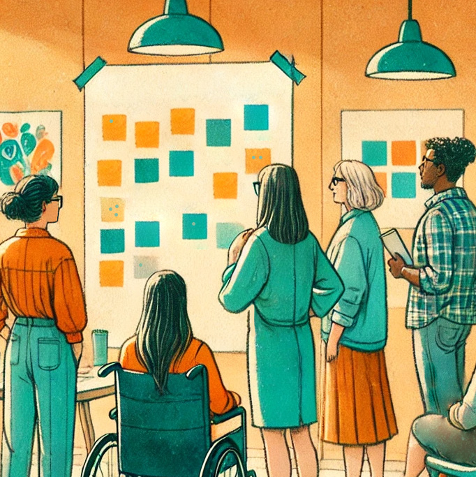 DALL·E 2024-09-13 15.33.51 - A mid-century modern watercolor style illustration depicting the Agile framework in progress. The scene shows a diverse group of creative professional