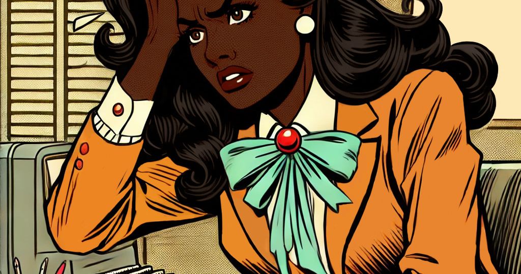 DALL·E 2024-09-18 09.11.04 - A mid-century pop art style illustration depicting a brown-skinned woman sitting at a desk in an office environment. She is clutching her hair in frus