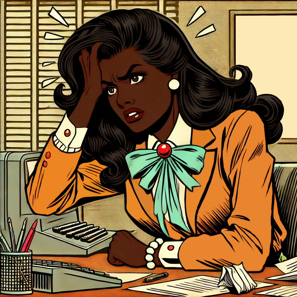 DALL·E 2024-09-18 09.11.04 - A mid-century pop art style illustration depicting a brown-skinned woman sitting at a desk in an office environment. She is clutching her hair in frus