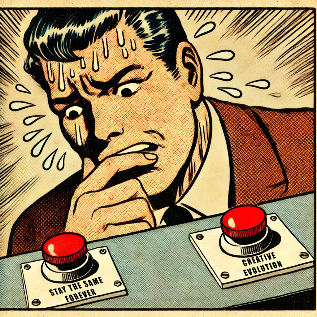 DALL·E 2025-02-20 11.59.49 - A mid-century modern watercolor-style illustration with pop art textures of a character sweating while choosing between two large buttons. The scene i