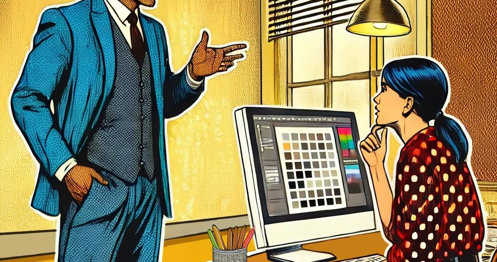 DALL·E 2025-02-20 12.42.23 - A midcentury modern watercolor-style illustration with pop art texture depicting a boss giving constructive feedback to a graphic designer in a creati
