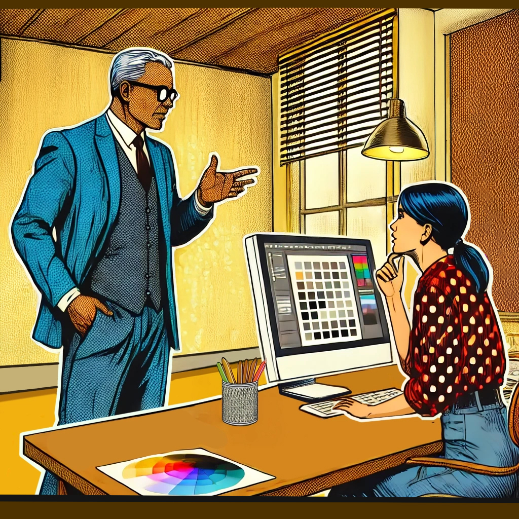 DALL·E 2025-02-20 12.42.23 - A midcentury modern watercolor-style illustration with pop art texture depicting a boss giving constructive feedback to a graphic designer in a creati