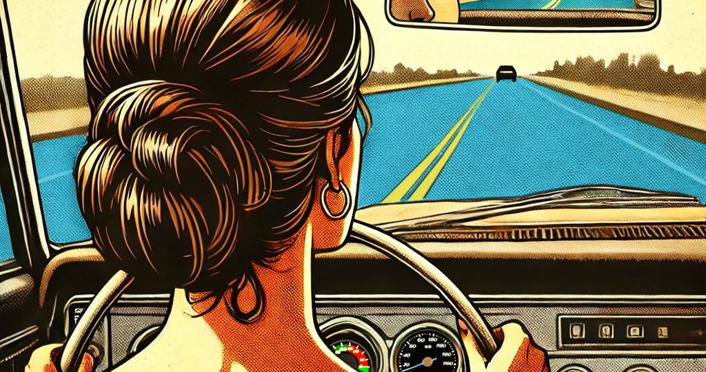 Woman in car examining the road just driven in rear view mirror