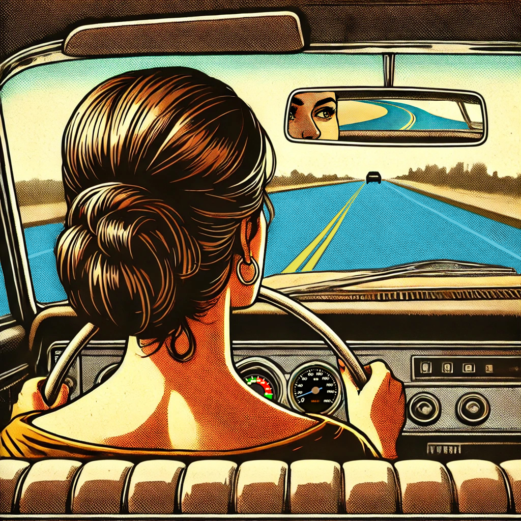 Woman in car examining the road just driven in rear view mirror