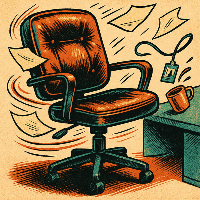 An illustration of an office chair, still spinning after someone clearly left in a hurry
