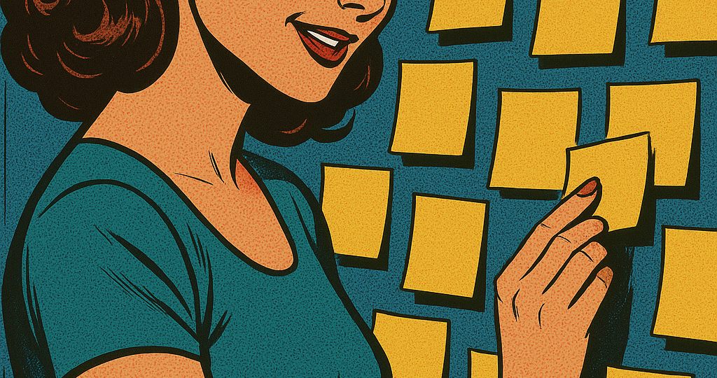 Illustration of a woman putting post-it notes up on the wall, demonstrating Agile practices