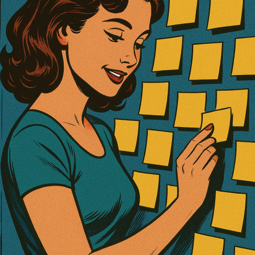 Illustration of a woman putting post-it notes up on the wall, demonstrating Agile practices