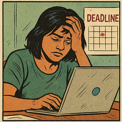 Illustration of a person with their face tiredly leaning into their hand while a calendar behind displays a fast approaching deadline