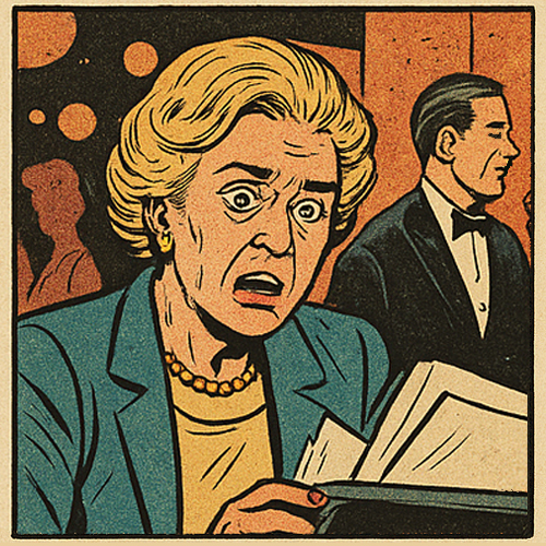 Illustration of a woman at a gala or fundraiser, looking panicked as she searches through her papers