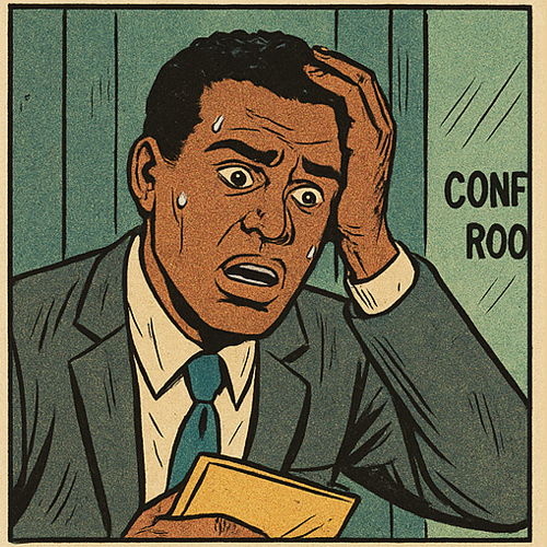 Illustration of man standing outside a conference room, clutching his head with worry