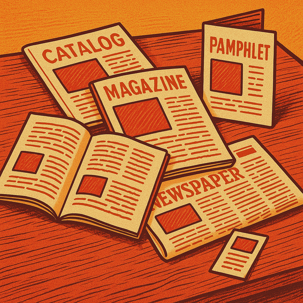 An illustration of various different printed materials that need to be designed regularly, such as a newspaper, magazine, catalogue, etc.