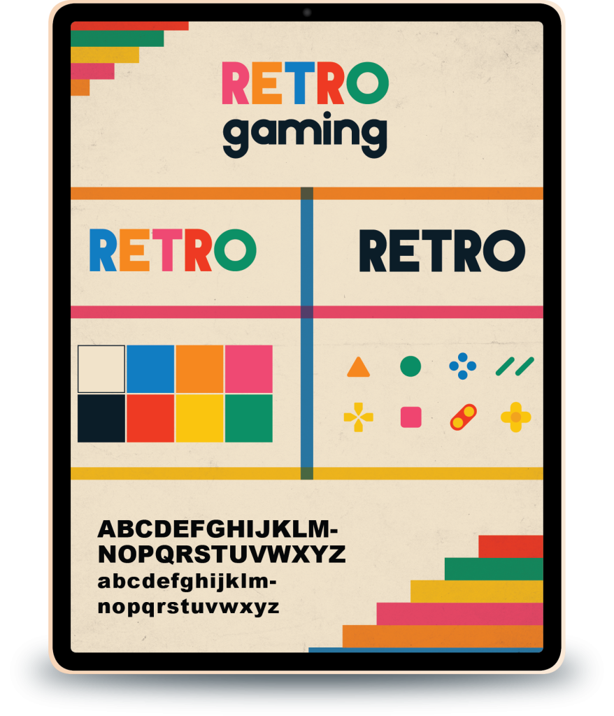 A sample one-page brand guide for a brand named "Retro Gaming" which includes vintage colors and is presented on an ipad